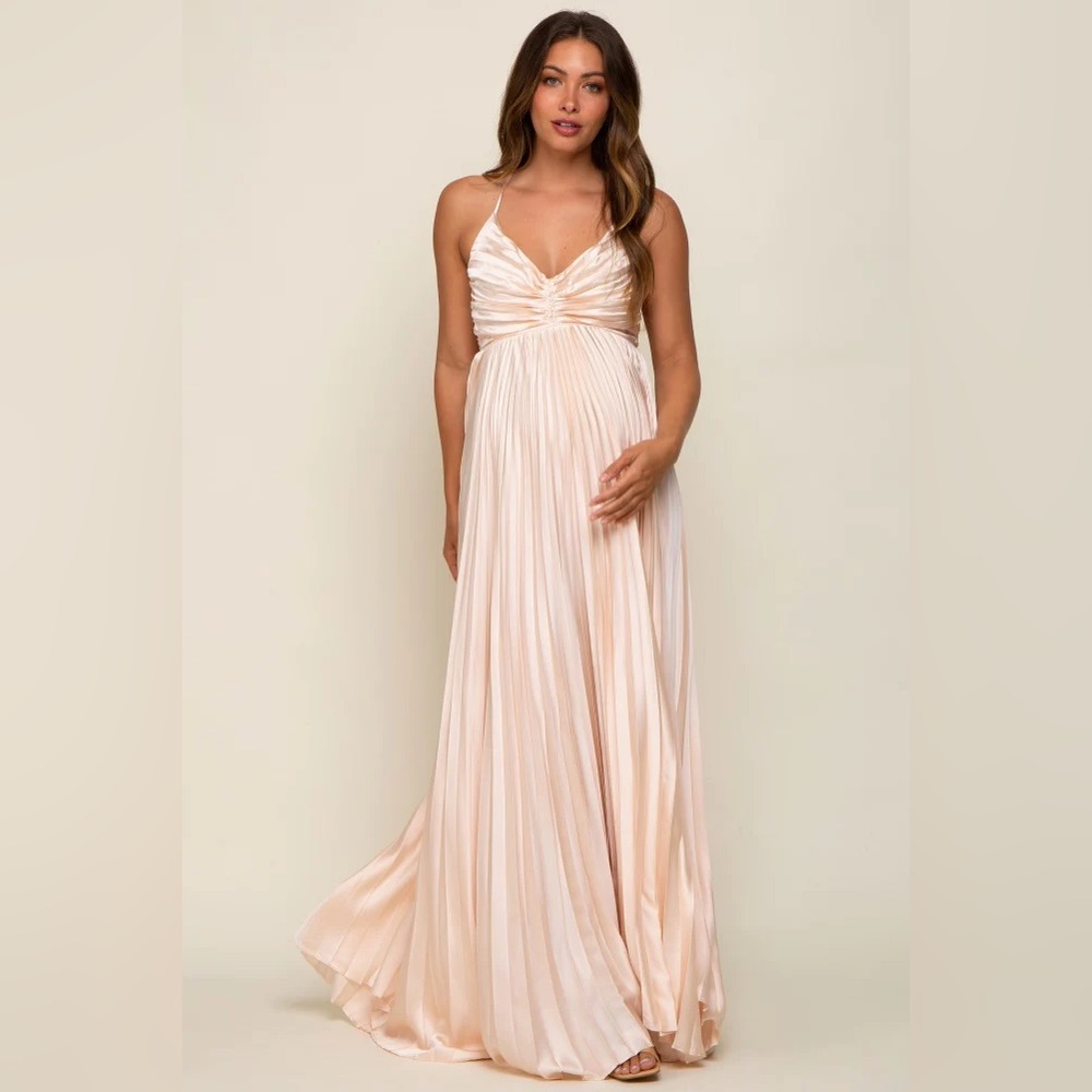 Beige Satin Pleated Cutout Maternity Gown